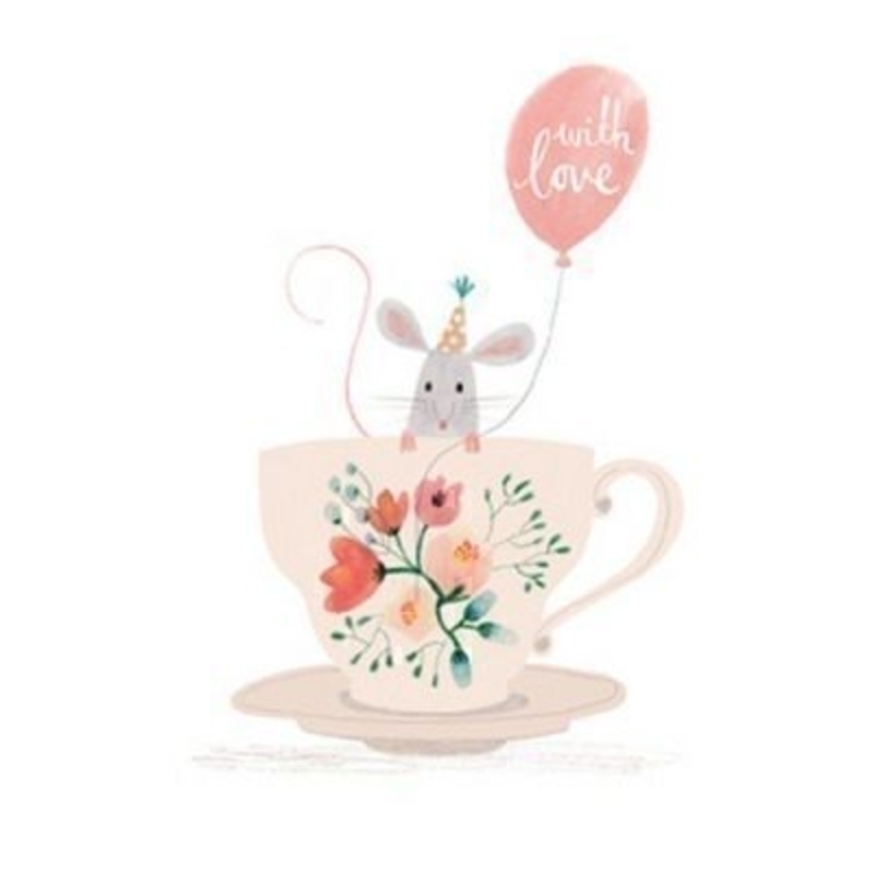 Beautiful card by Avocado Designs featuring an wonderfully illustrated mouse inside a teacup. The artwork is embossed to make it stand out from the white background. Provided by Paper Rose a silver envelope is included. Size is 5
